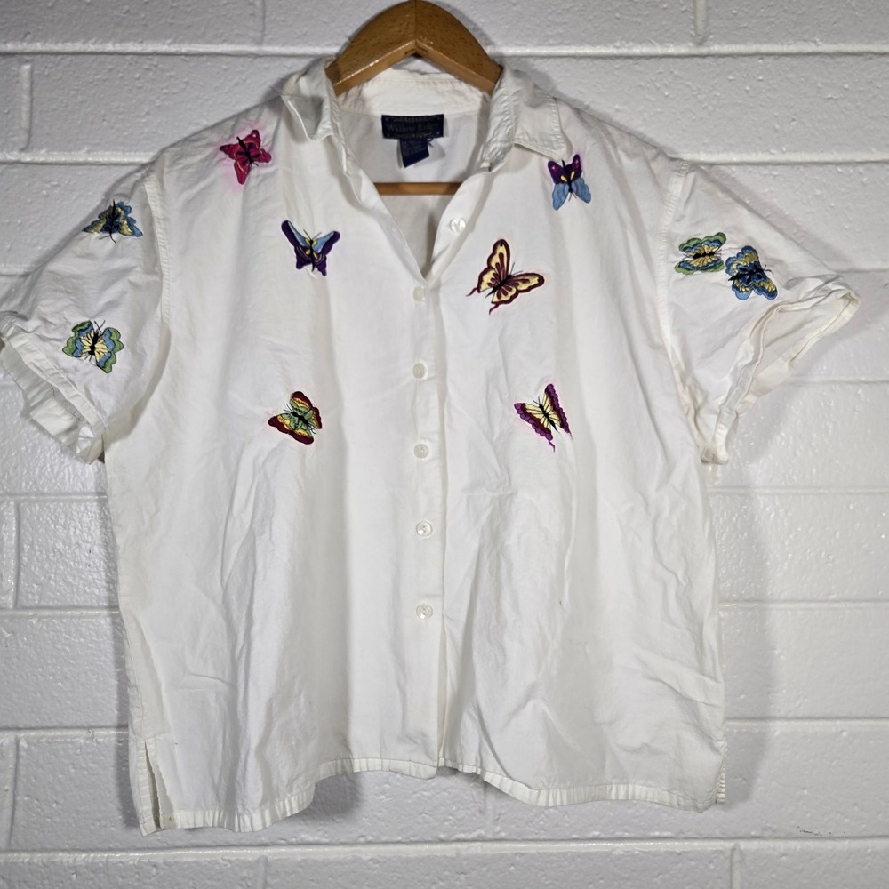 Willow Ridge Butterfly Embroidered Button Shirt 1X Cotton Novelty Valentines Day